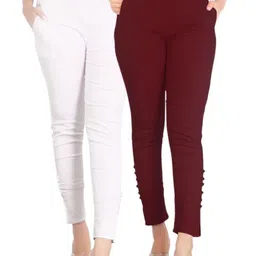 SAJATA Women White Cotton Casual Cigarette Trousers-image-28