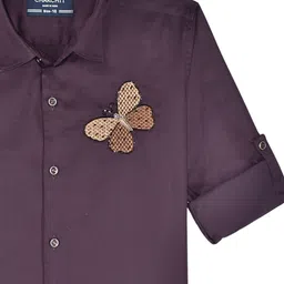 CHARCHIT Boys Comfort Spread Collar Roll-Up Sleeves Shirt With Embroidered Detail image 2