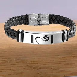 M Men Style Men Silver-Plated Om Namah Shivay Braided Leather Weave Cuff Bracelet-picture-13