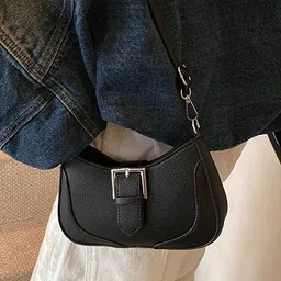 LULU & SKY Women Textured Structured Buckle Detail Shoulder Bag image 2