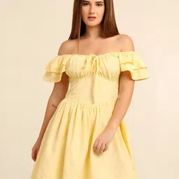 7OUNCE Off-Shoulder Flutter Sleeve Ruffled Crepe Fit & Flare Dress-picture-35