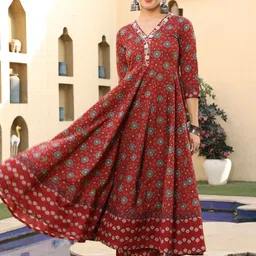 Anouk Mirage Women Floral Printed Panelled Thread Work Pure Cotton Kurta with Palazzos & With Dupatta image 4