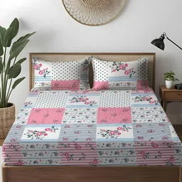 WEAVE AND DECOR White & Pink Floral 300 TC Bedsheet with 2 Pillow Covers-image-91
