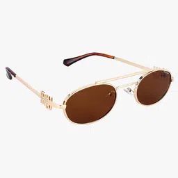 PELLE LUXUR Unisex Brown Lens & Gold-Toned Oval Sunglasses with image 2