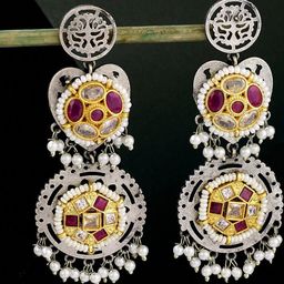 anouk Sangria Silver-Plated Artificial Stones Studded And Beaded Contemporary Drop Earrings-picture-6