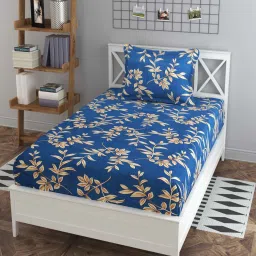 yaakholic Blue Floral 180 TC Cotton Blend Single Sized Bedsheet With 1 Pillow Cover image 1