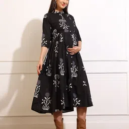 Aanyor Women Floral Print Maternity Fit & Flare Midi Dress-image-19