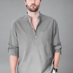 BHUVIKOO Band Collar Roll-Up Sleeves Short Kurta-picture-23