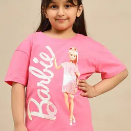 Kids Ville Girls Barbie Printed Pure Cotton Round Neck Oversized Tshirt image 1
