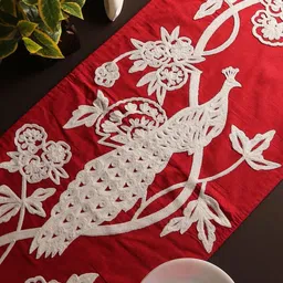 Revive Home Red & White Embroidered Table Runners with Peacock Design-picture-11