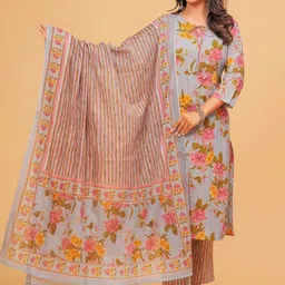 TANISHA Floral Printed Tie-Up Neck Straight Kurta With Trousers And Dupatta-picture-10