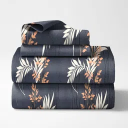 Myntra Elegant Homes Navy Blue & Cream-Coloured Floral 300 TC King Bedsheet with 2 Pillow Covers image 2