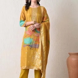 HARIKS Floral Printed Round Neck Zari Pure Silk Straight Kurta & Trousers With Dupatta-picture-15