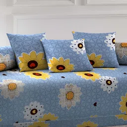 Aura Set Of 6 Blue & Yellow Printed Floral TC Cotton Diwan Set image 3