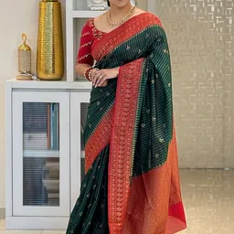 CaniBani Woven Design Zari Silk Blend Banarasi Saree-image-86