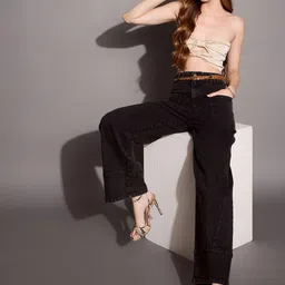 SASSAFRAS BASICS Women Comfort Wide Leg High-Rise Low Distress Stretchable Jeans image 5