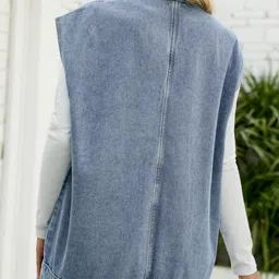 Oh Rare Spread Collar Sleeveless Longline Pockets Denim Jacket image 3