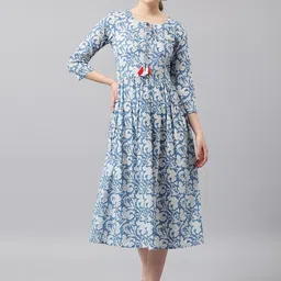 DIVASTRI Floral Printed Tie-Up Neck Fit and Flare Midi Dess-picture-13