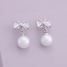 Kushal's Fashion Jewellery Rhodium-Plated Zircon Studded & Pearls Beaded Drop Earrings-picture-18
