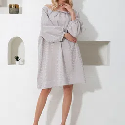 Trend Alacati stili Women Striped Bishop Sleeves Knee Length A-Line Dress-image-50