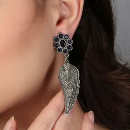 Sangria Blue Silver-Plated Artificial Stones Studded Leaf Shaped Oxidised Drop Earrings image 2
