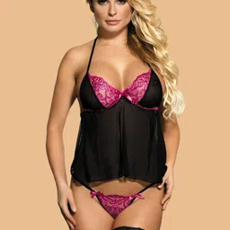 ZERJAMA Self Design Halter Neck Baby Doll With Briefs-picture-36