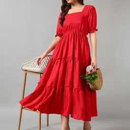 Raiyani Enterprise Puff Sleeve Ruffled Crepe Fit & Flare Midi Dress-image-43