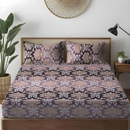 WEAVE AND DECOR Purple & Beige Floral 300 TC Bedsheet with 2 Pillow Covers-picture-29