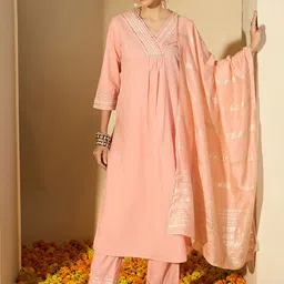 BANDIA V-Neck Mirror Work Pure Cotton Kurta With Trousers And Dupatta-picture-31