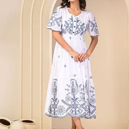 Zolo Label Women Floral Embroidered Flared Sleeve Fit And Flare Midi Cotton Dress-image-63