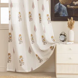 Clasiko Kalamkari Leaf White & Yellow 2 Pieces Printed Cotton Sheer Window Curtains image 4