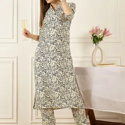 Indo Era Printed Mandarin Collar Three-Quarter Sleeves Top With Trousers-picture-28