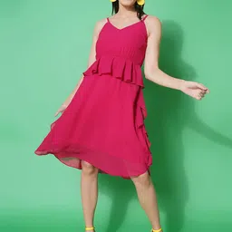 KATLINE Women's Knee Length Fit & Flare Frill Style Sleeveless Dress image 1