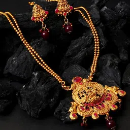 Anouk Gold-Plated Artificial Stone Studded And Beaded Temple Necklace And Earrings-picture-12
