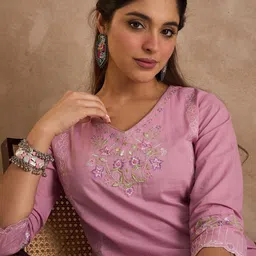 Indo Era Women Floral Embroidered Regular Thread Work Pure Cotton Kurta with Trousers-image-47