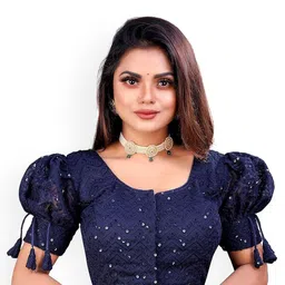 EZSTALL Embroidered U-Neck Puff Sleeves Saree Blouse-image-2
