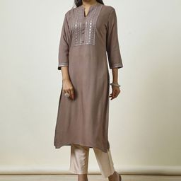 Soch Brown Geometric Yoke Design Mandarin Collar Mirror Work Straight Kurta-picture-19