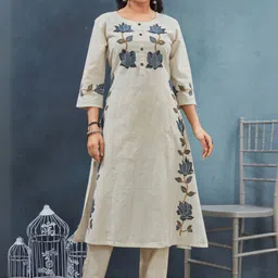 HERE&NOW Floral Embroidered Pure Cotton A-Line Kurta With Trousers-picture-34
