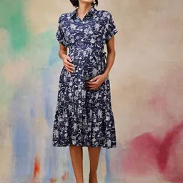 House Of Zelena Women Graphic Printed Tiered Cotton Maternity Shirt Midi Dress-image-31