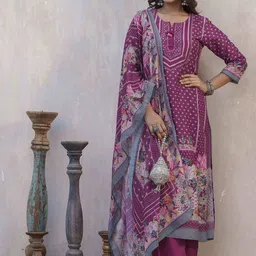 Sangria Floral Printed Straight Kurta With Trousers And Dupatta image 4