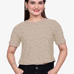 Dorell Women Textured Self Design Round Neck Crop Top image 2