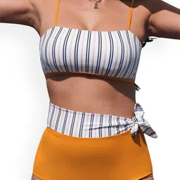 ANGEL CROSHET 2Pcs Contrast Striped Tie High Waist Criss Cross Bikini Set image 4