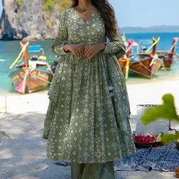 LIVIX Women Ethnic Motifs Printed Empire Chanderi Cotton Kurta with Palazzos & With Dupatta image 3