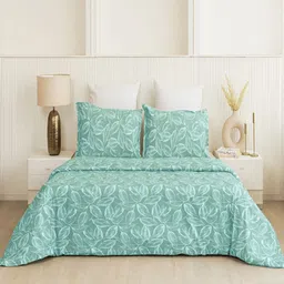 HOMEMONDE Aqua Blue Floral Printed 210TC Pure Cotton Queen Bed Duvet Cover & Corner Ties-picture-10
