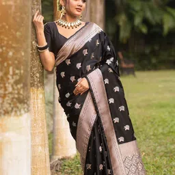 SWAMI STUDIO Floral Woven Design Zari Pure Silk Banarasi Saree With Blouse Piece-picture-20