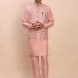 Pro-Ethic STYLE DEVELOPER Mandarin Collar Sequinned Pure Silk Kurta With Trousers-picture-11
