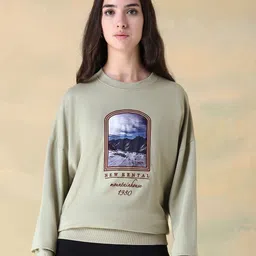 Flying Machine Women Graphic Printed Round Neck Ribbed Hemline Sweatshirt-picture-11