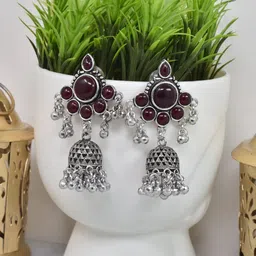 MEIRA JEWELLERY Set Of 2 German Silver-Plated Stones Studded Oxidised Dome Shaped Jhumkas-image-78