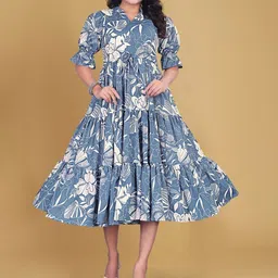 RUNAYA NX Floral Print Puff Sleeve Fit & Flare Gathered or Pleated Knee Length Dress-image-84