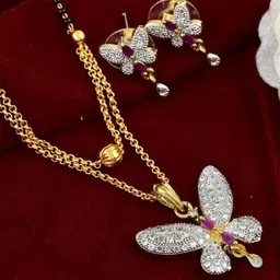 PUJVI Gold-Plated Artificial Stones Studded & Beaded Mangalsutra With Drop Earrings-picture-54
